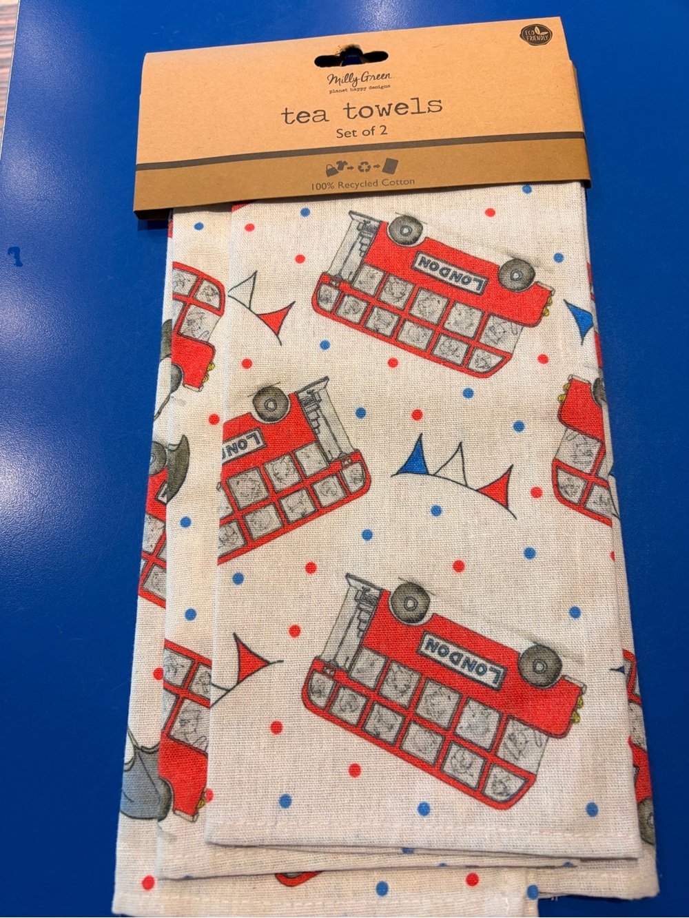 NWT Milly Green London Bus Tea Towels Set of 2 Red & White Cotton